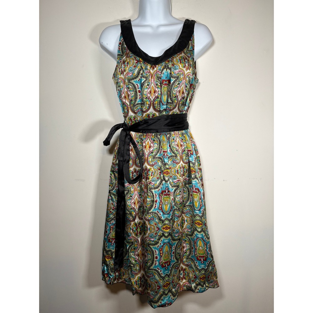 LulaKate Paisley Silk Dress Multicolor Satin Trim Belted Cocktail Boho Size 10